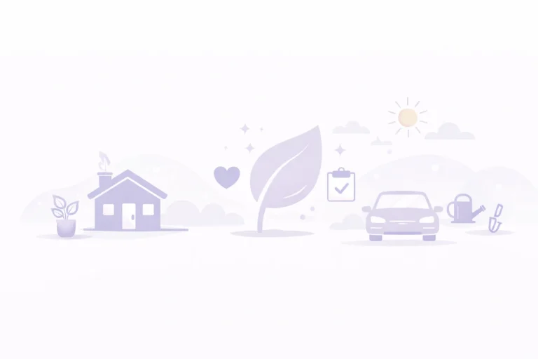 Illustrazione minimal di casa, natura e mobilità sostenibile con icone viola su sfondo chiaro.