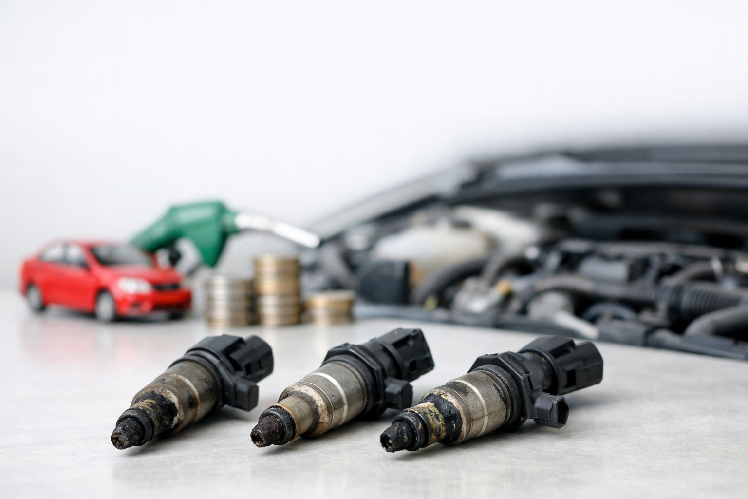Dirty car injectors with carbon deposits that affect engine fuel consumption