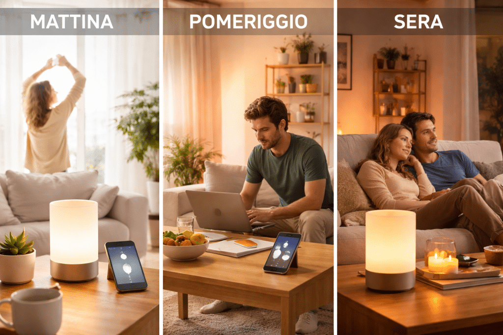 Lampade smart che regolano la luce durante la giornata in casa moderna, dalla luce fredda del mattino a quella calda della sera