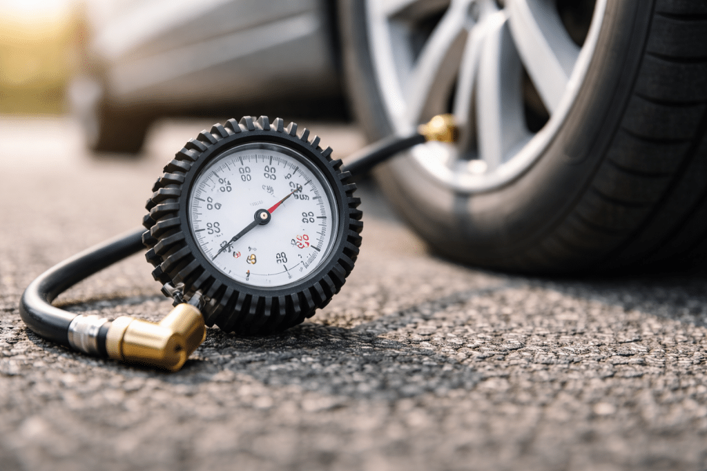Manometro per controllo pressione gomme collegato alla valvola di uno pneumatico