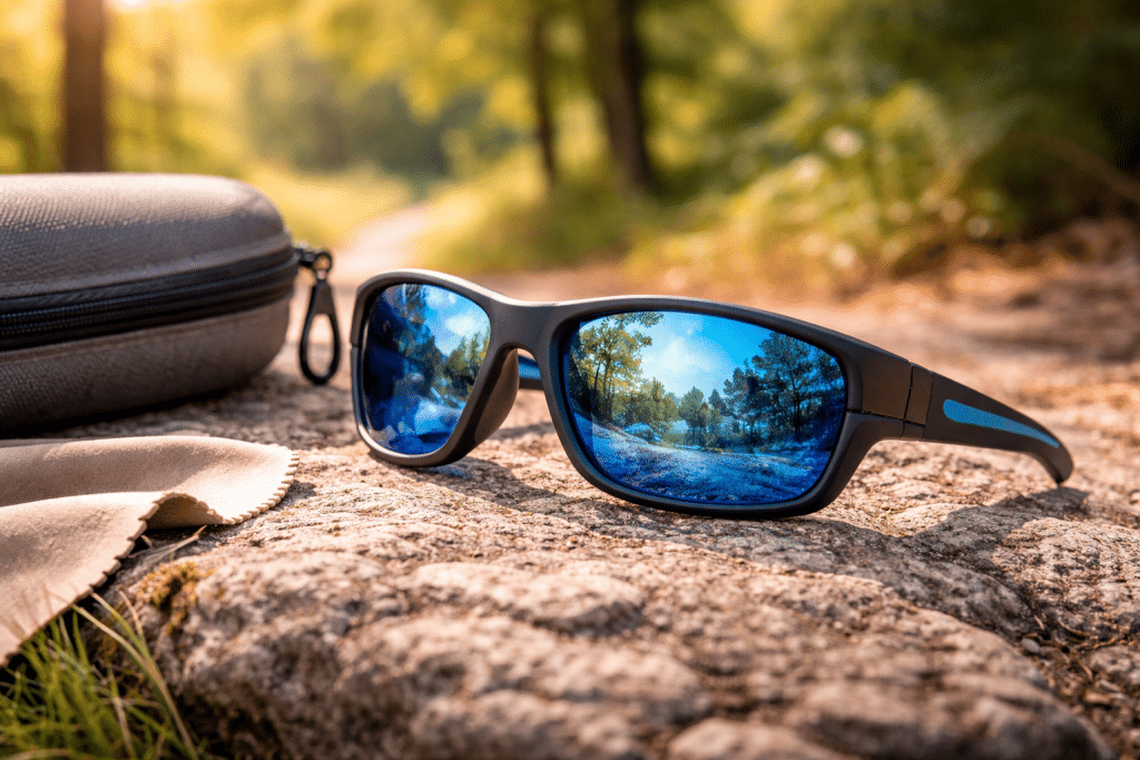 Occhiali da sole polarizzati su sfondo naturale luminoso durante attività all’aperto