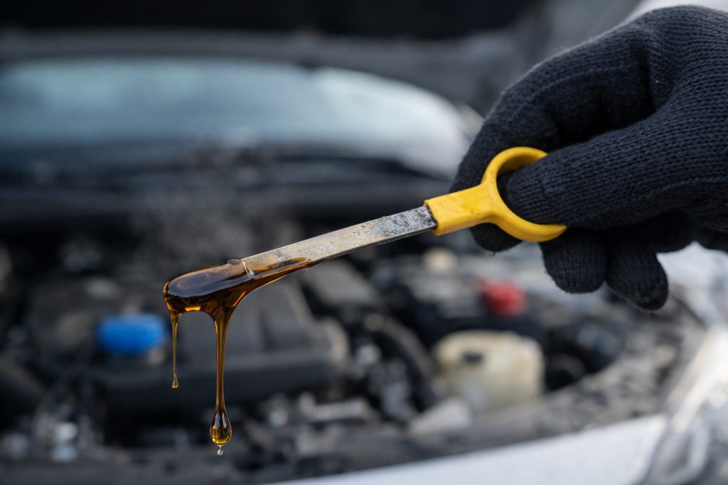 Olio motore denso a freddo durante controllo nel vano motore in inverno