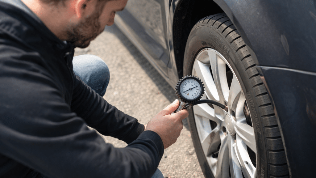Controllo della pressione delle gomme con manometro su pneumatico di auto