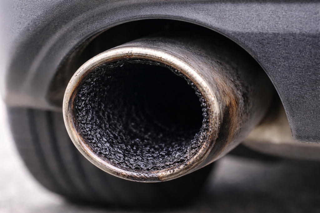 Dirty car exhaust with soot and carbon residue
