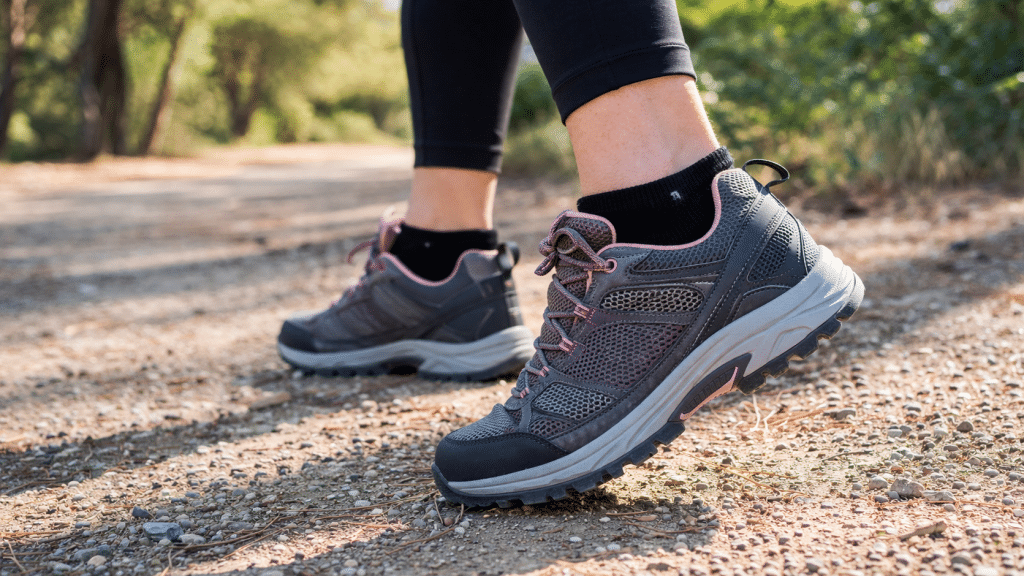 Scarpe da camminata su sentiero naturale durante attività all’aria aperta