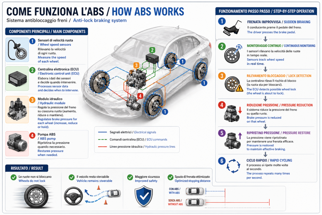 Schema ABS auto bilingue con funzionamento passo passo e componenti principali / Bilingual ABS system diagram showing step-by-step operation and main components