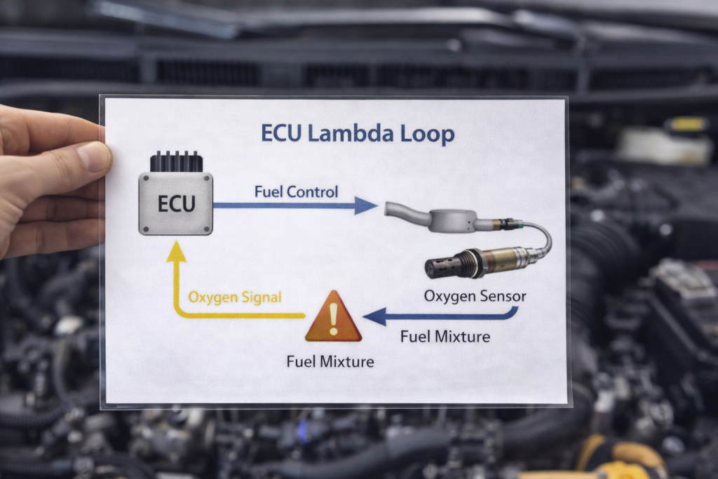 ECU diagram with lambda probe loop for controlling the air-fuel mixture in the engine