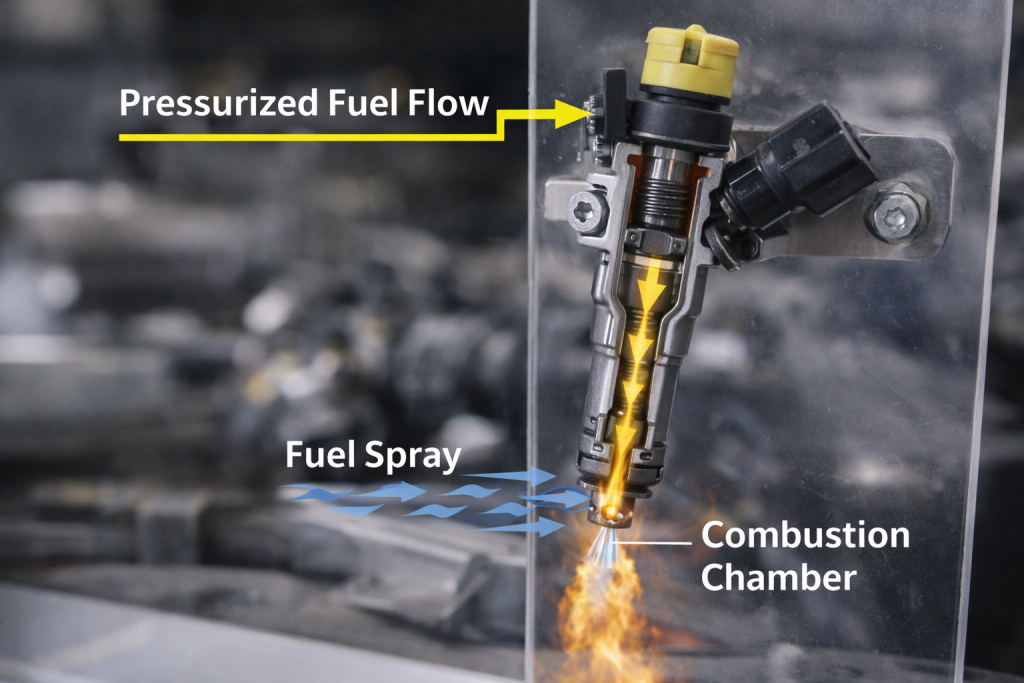 Car engine injector operation diagram with fuel spray and combustion
