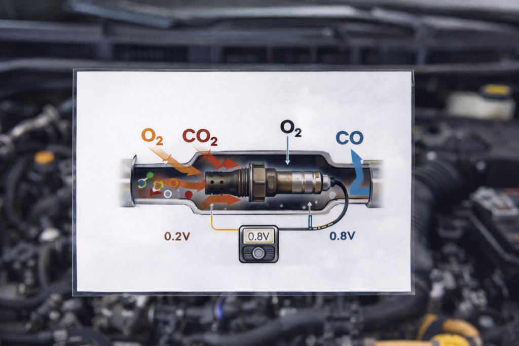 Lambda probe operation diagram in the exhaust system with gas flow and air-fuel mixture control