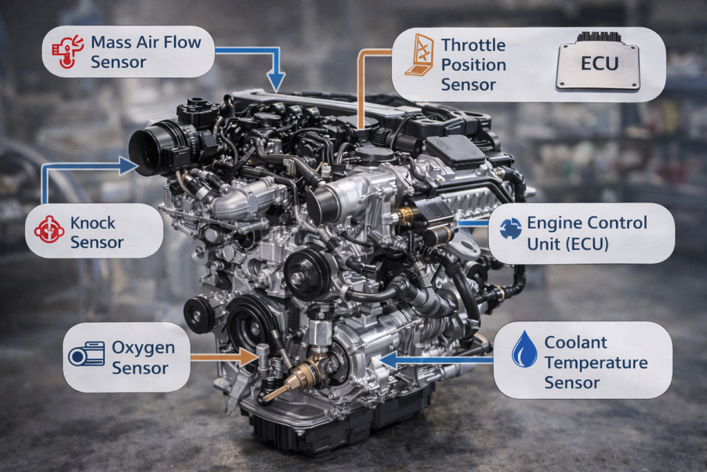 Complete car engine diagram with main sensors and ECU control unit
