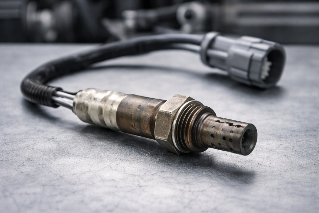 Car engine lambda probe on clean surface with oxygen sensor detail