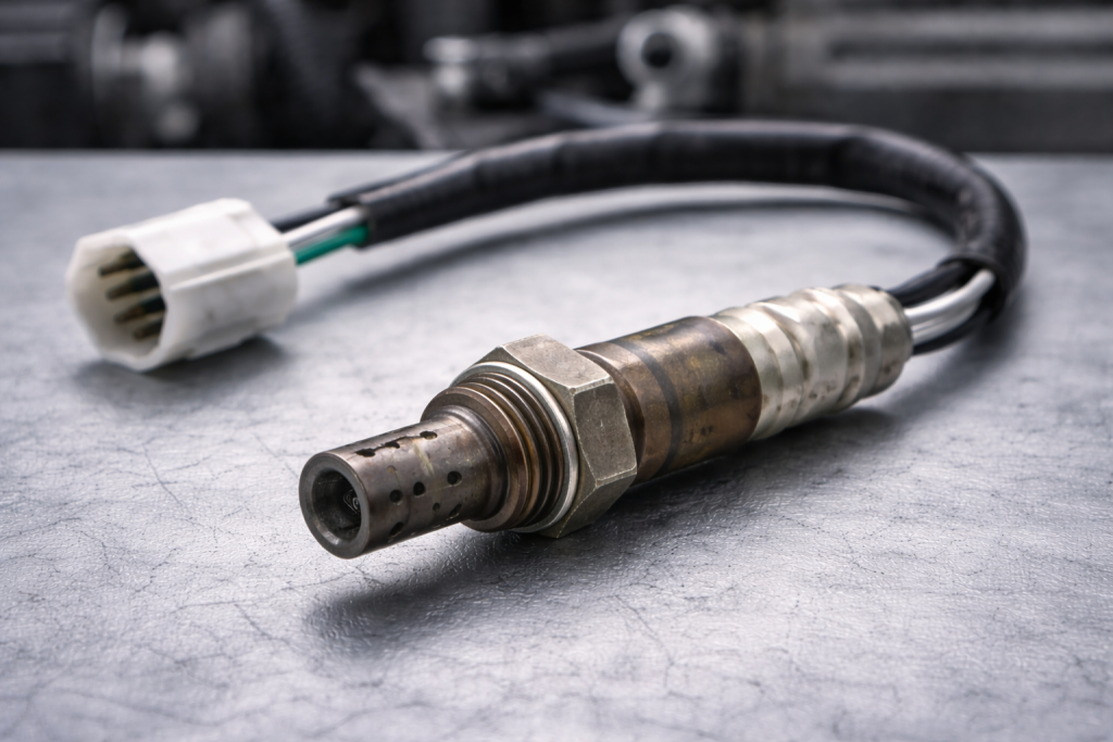 Narrowband lambda probe for cars with oxygen sensor and electrical connector in close-up