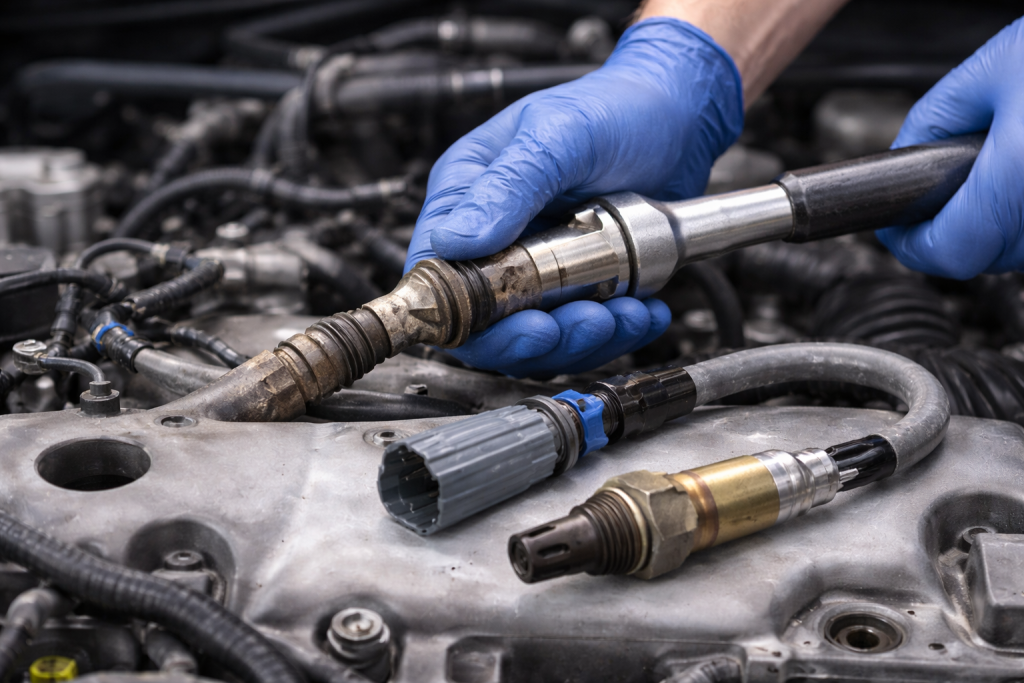 Mechanic replaces lambda probe on car exhaust system with key