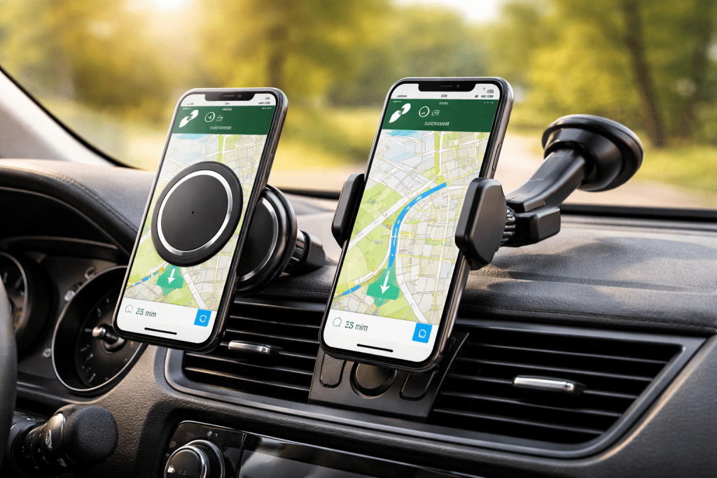Supporti smartphone in auto, uno magnetico e uno tradizionale, per navigazione sicura