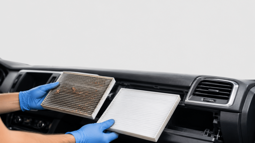 Comparison between a dirty and new car cabin filter during replacement