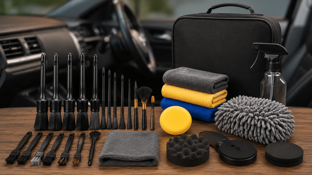 Complete car interior cleaning kit with brushes and accessories for air vents and dashboard