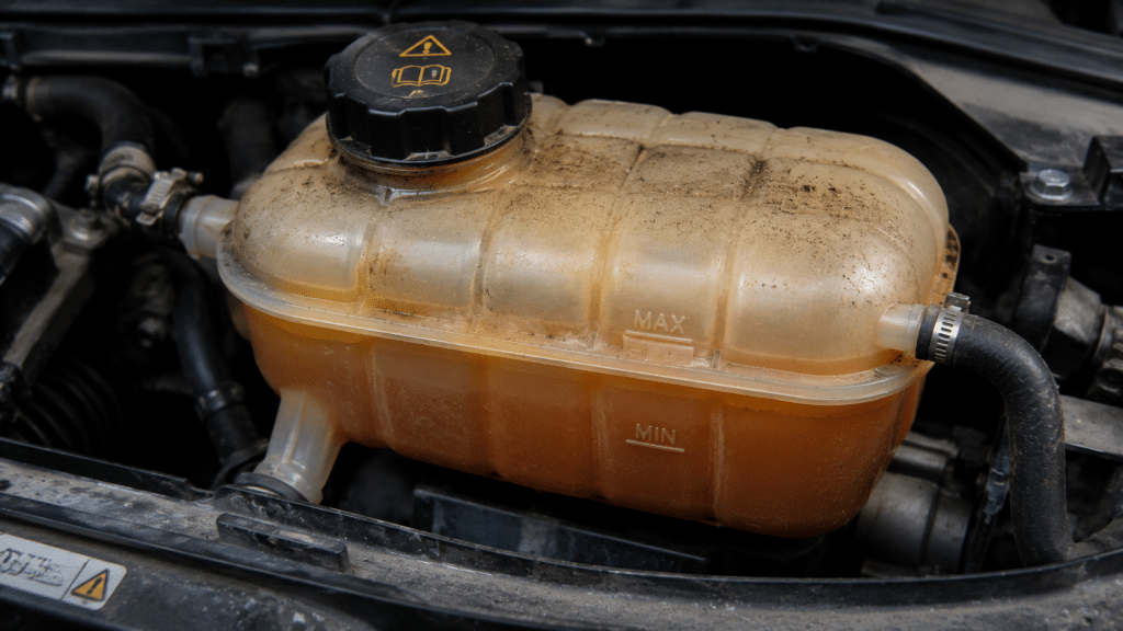 Liquido refrigerante sporco nel serbatoio dell’auto con residui e impurità