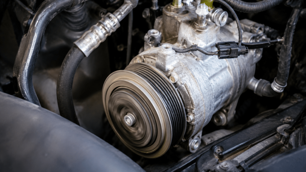Noisy car air conditioning compressor pulley in the engine compartment