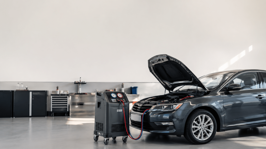 Car in the workshop while the air conditioning gas is being recharged with the diagnostic machine connected