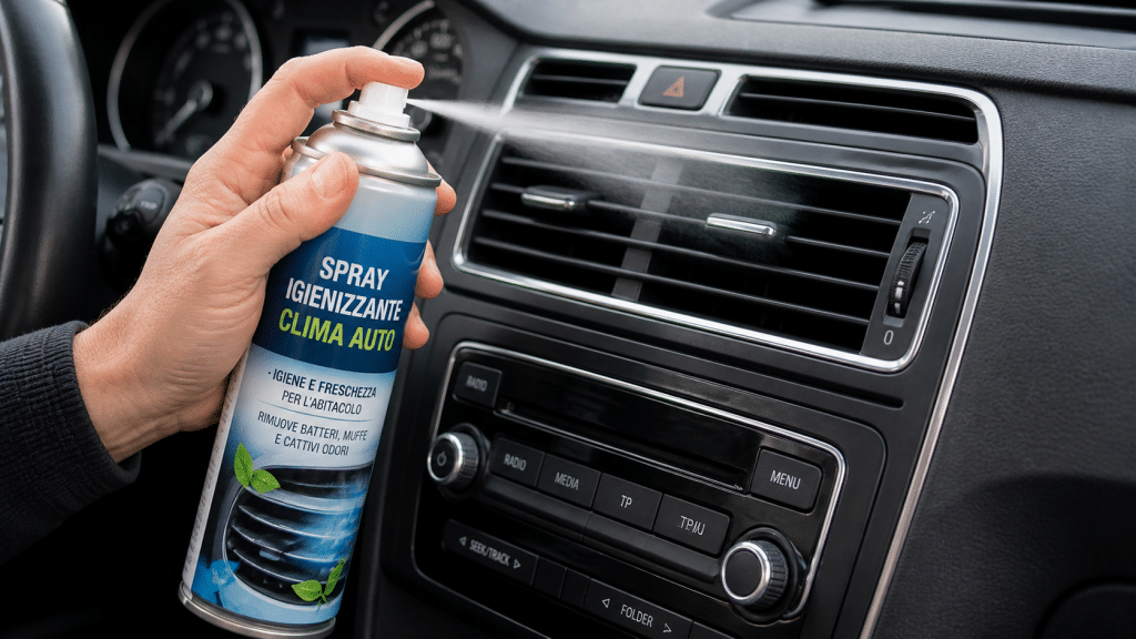 spray igienizzante per climatizzatore auto durante la pulizia delle bocchette