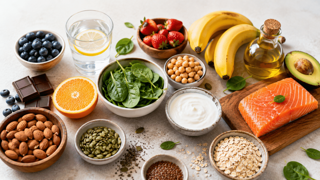 Recommended foods for low blood pressure with water, fresh fruit and foods rich in mineral salts