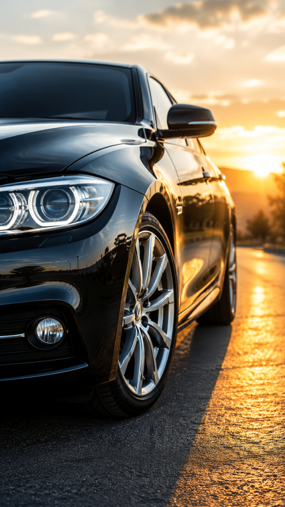 Modern black car photographed at sunset on the road with light reflections on the bodywork.