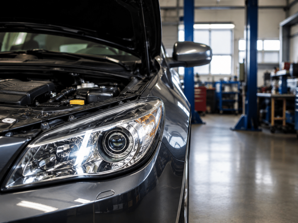 Car with hood open in workshop during maintenance and mechanical check