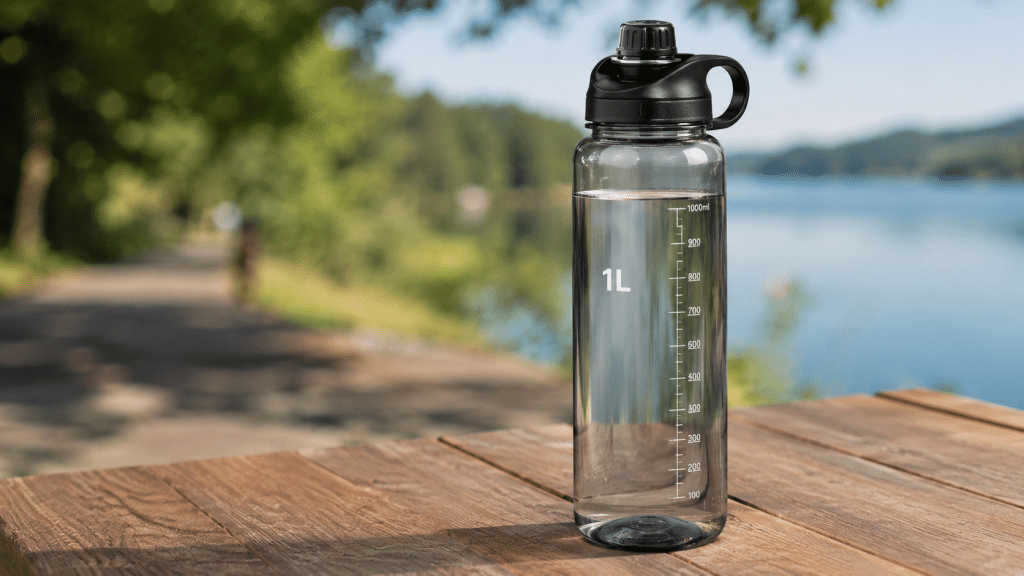 Borraccia da 1 litro riempita d'acqua pronta per mantenere una corretta idratazione durante la giornata.