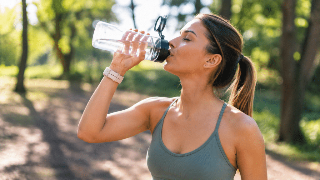 Borraccia riutilizzabile con acqua appoggiata all'aperto durante una giornata estiva.