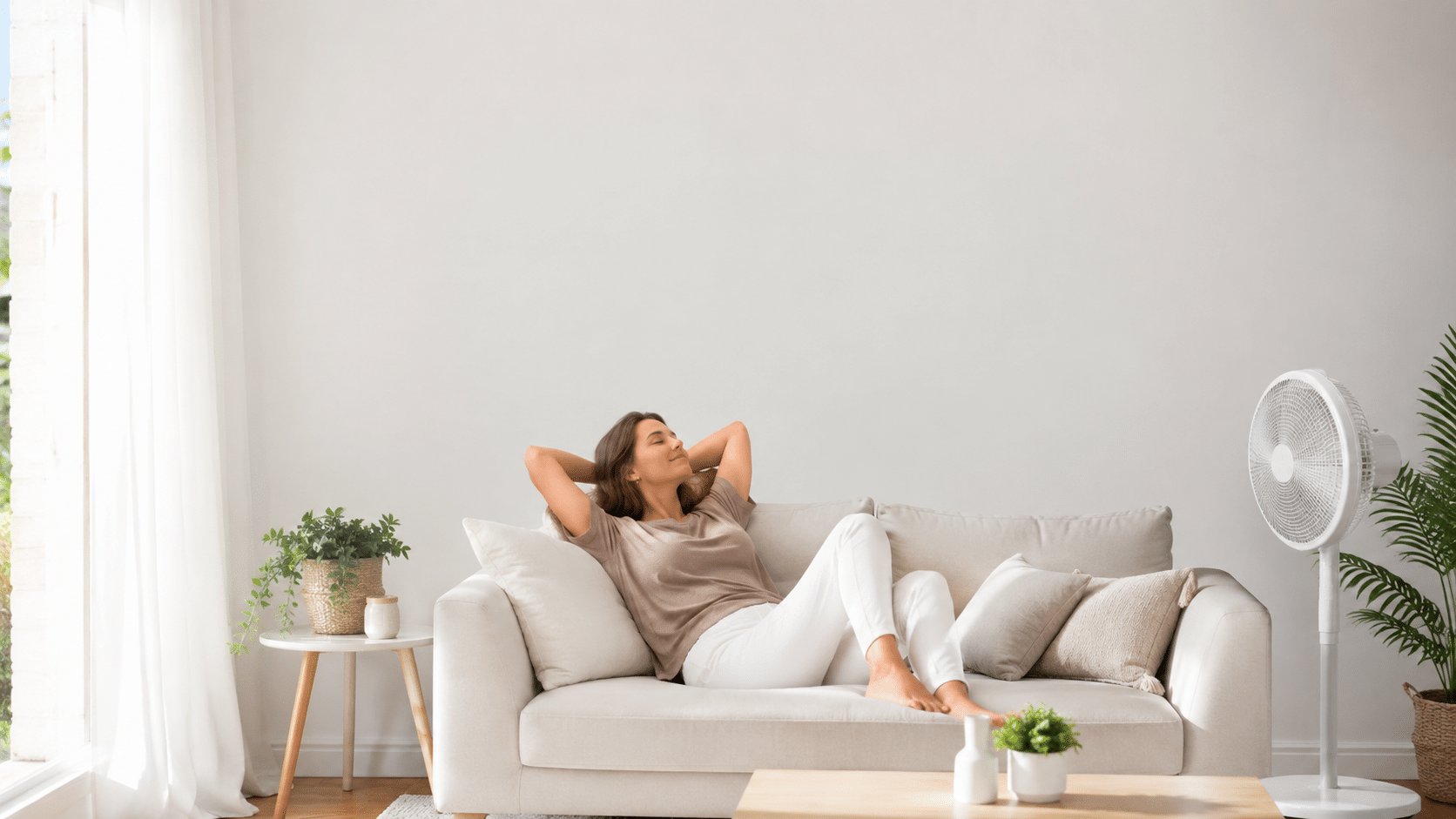 Sala de estar luminosa y fresca en verano con ventilador y luz natural sin necesidad de usar aire acondicionado.