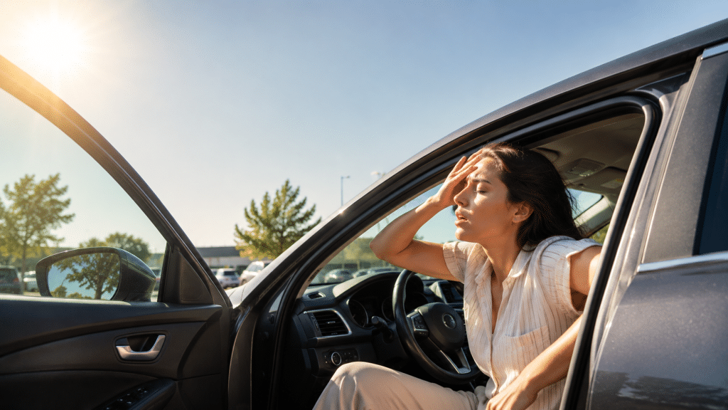 Una mujer acalorada abre la puerta de su coche aparcado al sol en un caluroso día de verano.