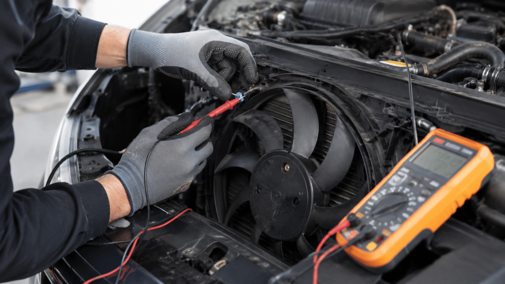 Checking the car radiator fan during an engine compartment inspection