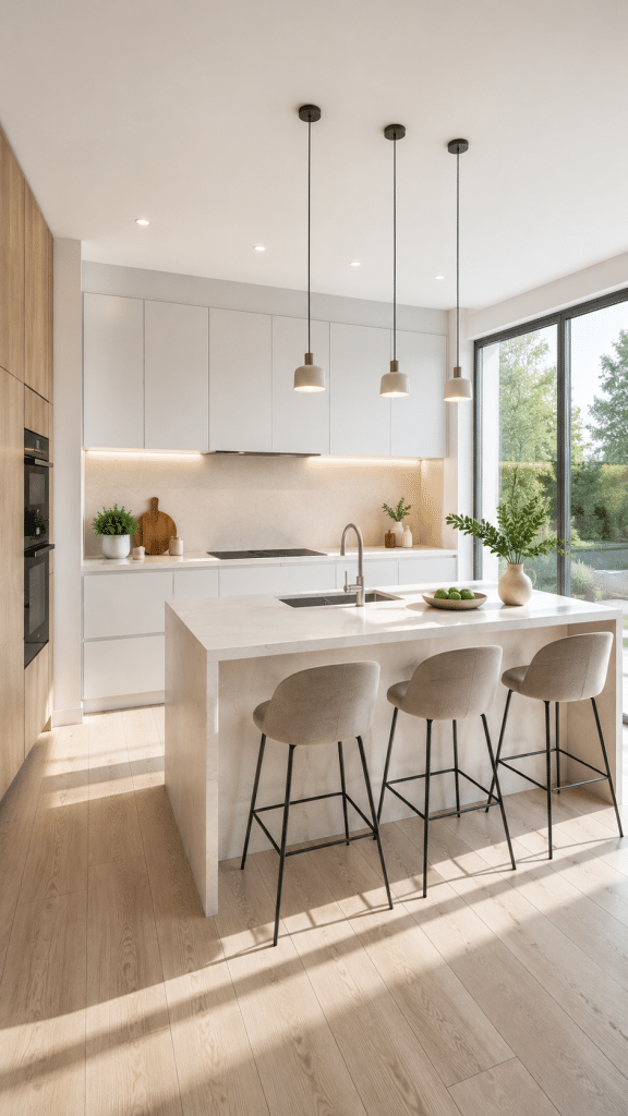 Bright, modern kitchen with a central island, minimal furnishings, and large windows.