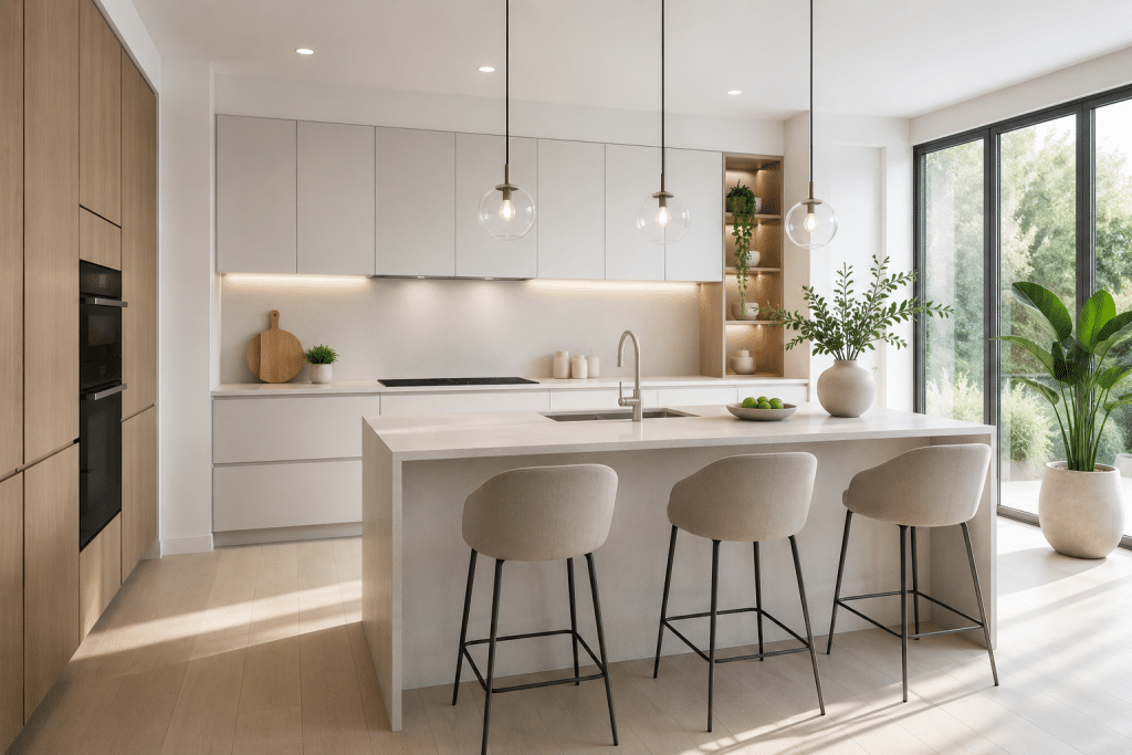 Bright, modern kitchen with a central island, minimal furnishings, and large windows.