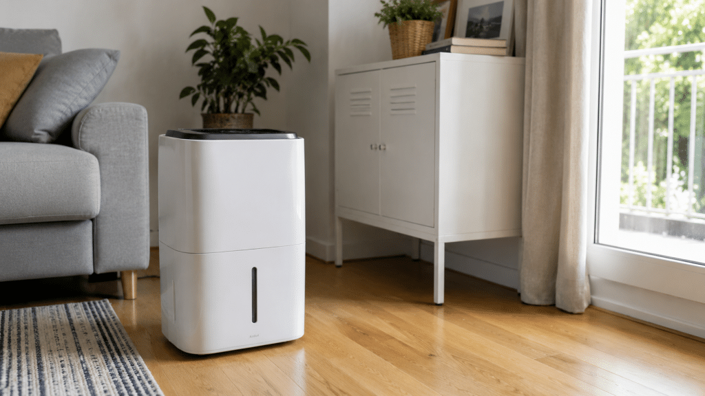 Deumidificatore domestico in soggiorno moderno per ridurre umidità e migliorare il comfort durante l'estate