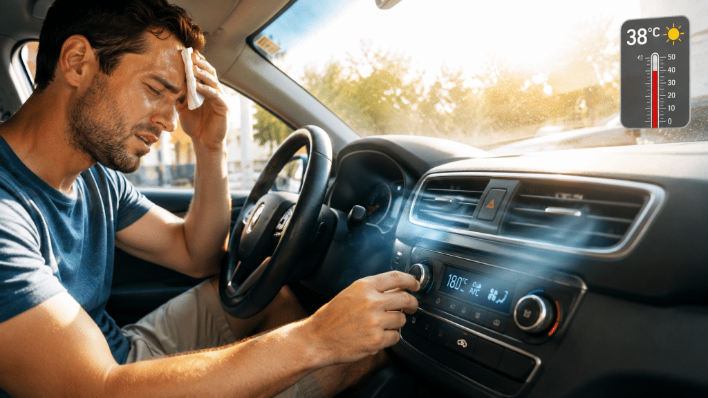 Un conductor siente calor dentro del coche mientras ajusta el aire acondicionado en un día de verano muy caluroso.