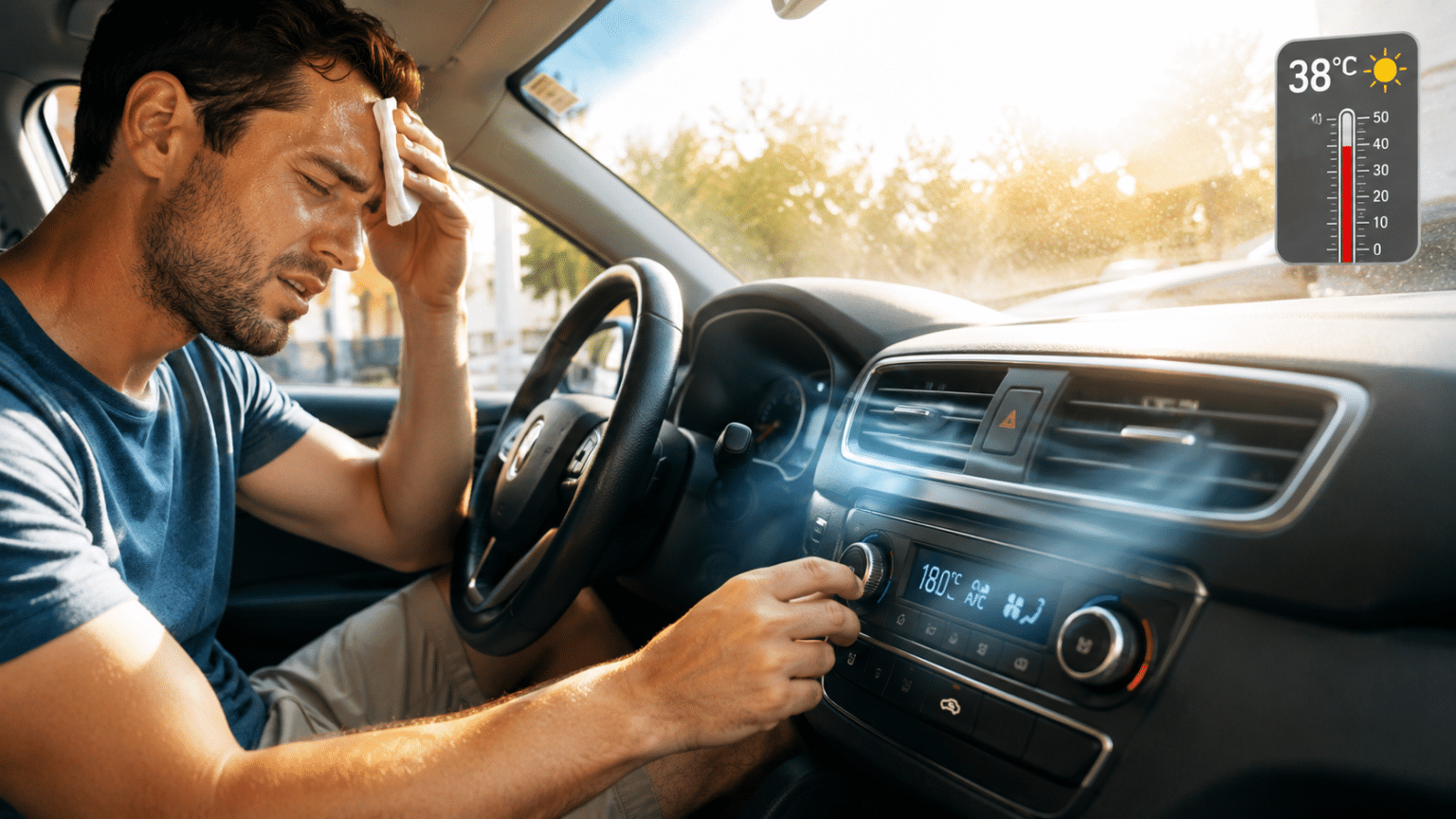 Un conductor siente calor dentro del coche mientras ajusta el aire acondicionado en un día de verano muy caluroso.