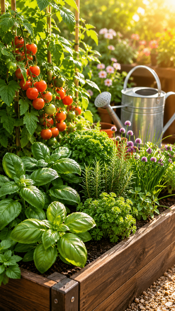 Lush vegetable garden with tomatoes, basil, and aromatic herbs grown in a raised bed.