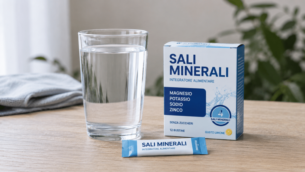 Integratore di sali minerali in compresse e bevanda reidratante per recuperare liquidi ed elettroliti.