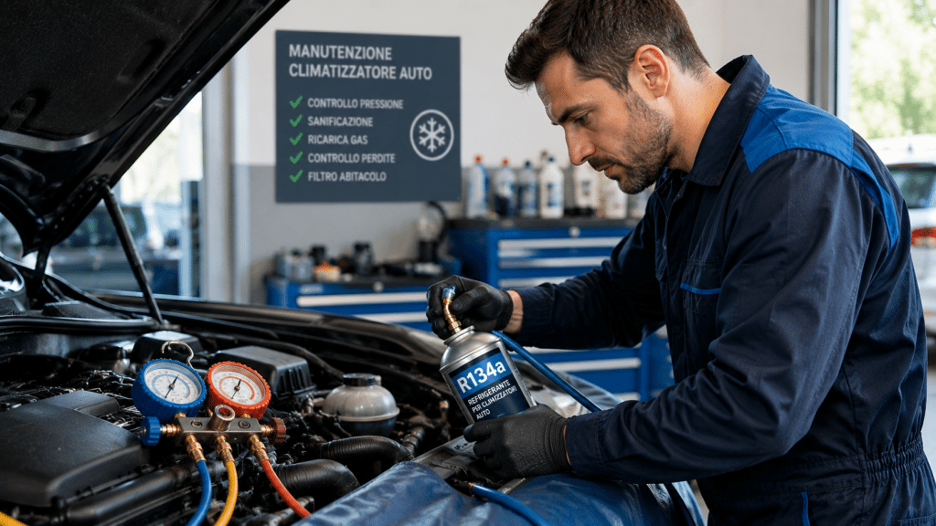 Técnico revisando el sistema de aire acondicionado del coche durante el mantenimiento de verano.