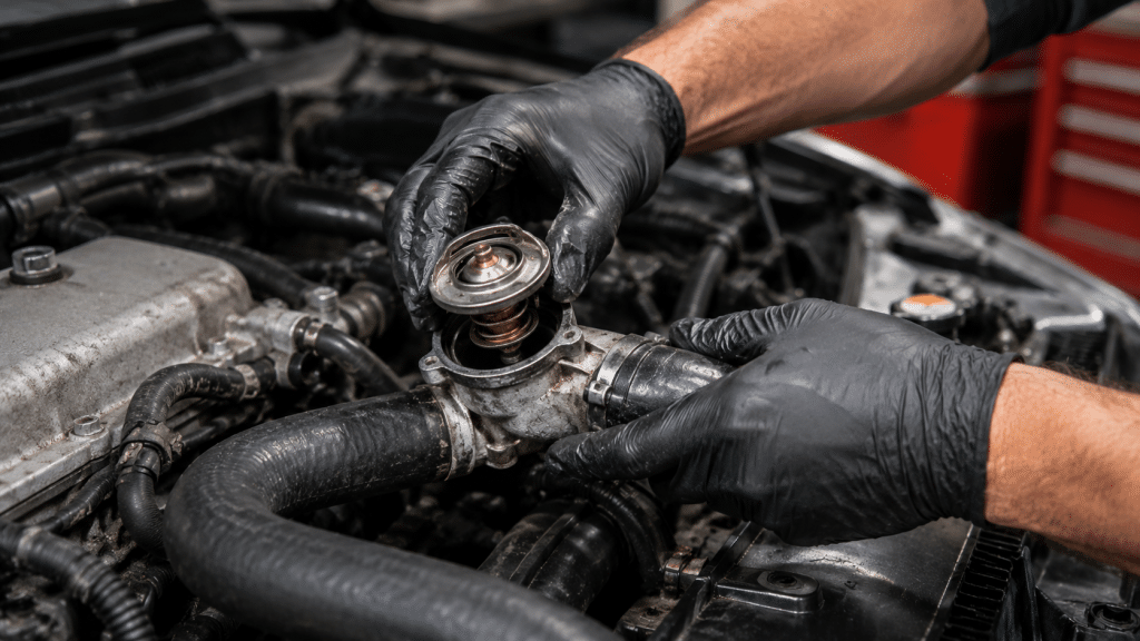 Meccanico durante la sostituzione del termostato auto nel vano motore