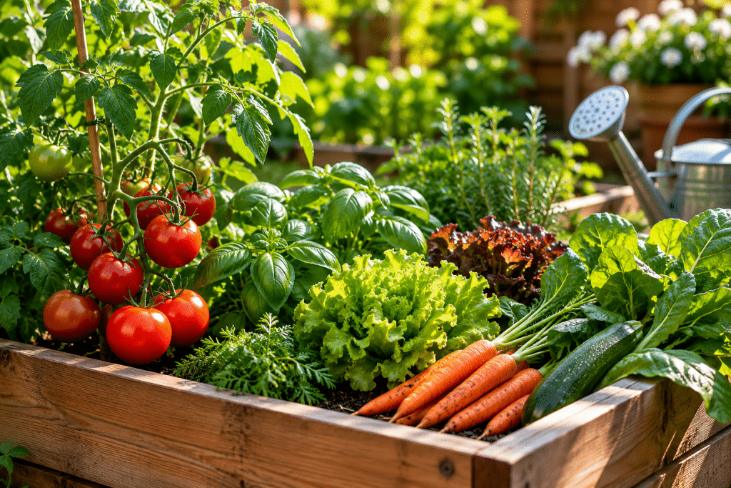 Home garden with tomatoes, lettuce, basil and vegetables grown outdoors