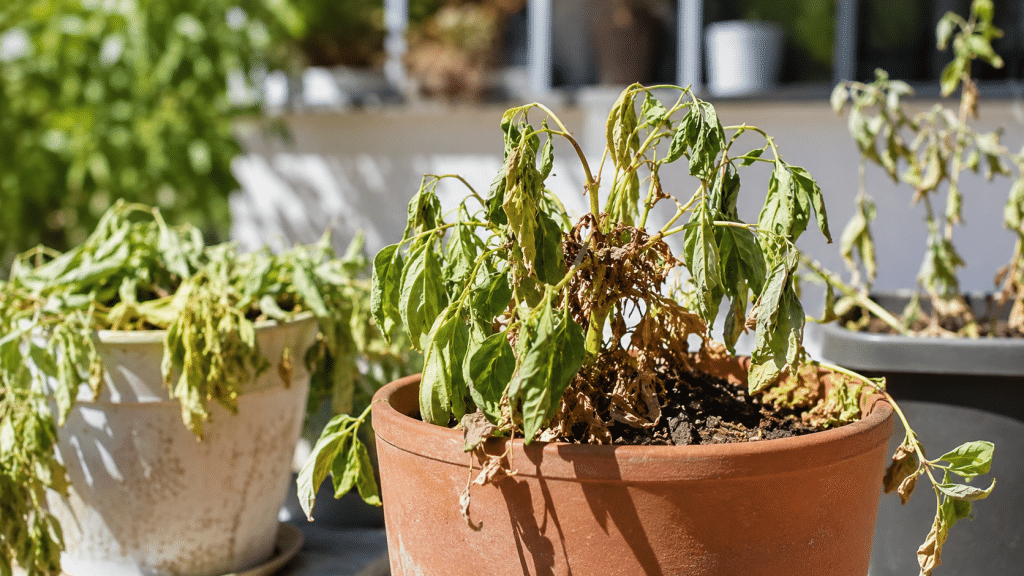 Piante in vaso appassite e sofferenti a causa del caldo estremo estivo su balcone