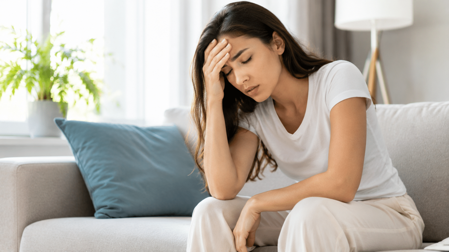 Woman feeling tired and slightly dizzy on a hot summer day