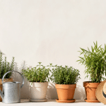 Plantas en macetas protegidas del intenso calor del verano con una regadera en una soleada terraza.