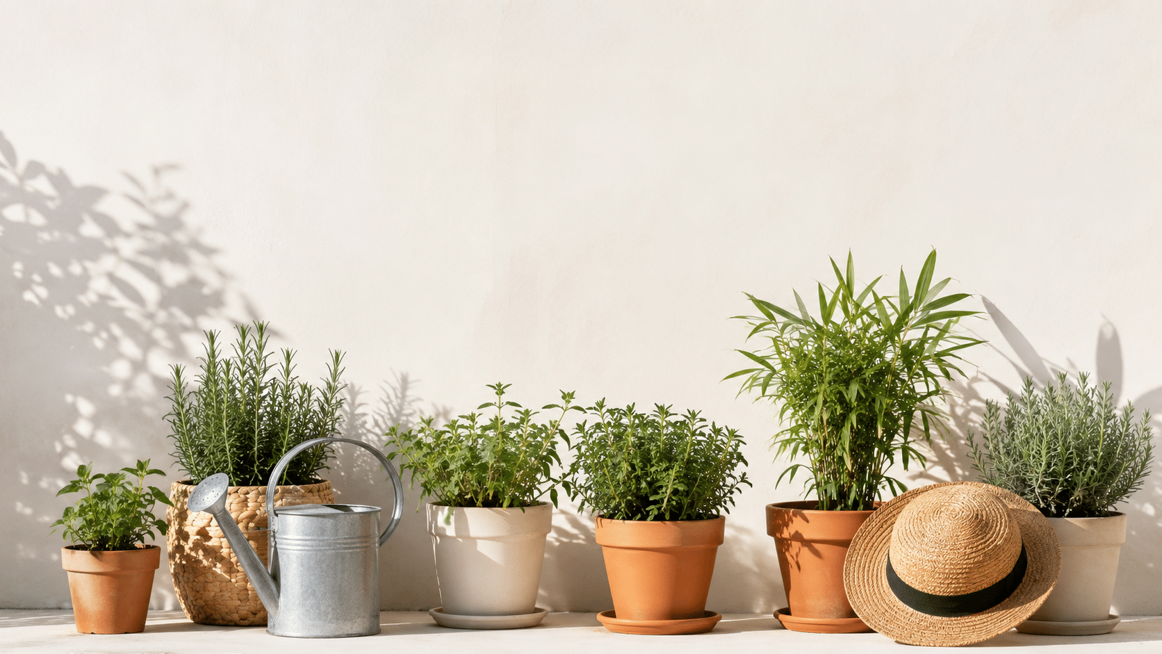 Plantas en macetas protegidas del intenso calor del verano con una regadera en una soleada terraza.