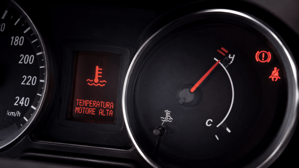 High engine temperature warning light on car dashboard