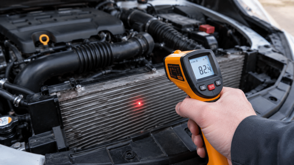 Termometro laser digitale utilizzato per misurare la temperatura del radiatore auto