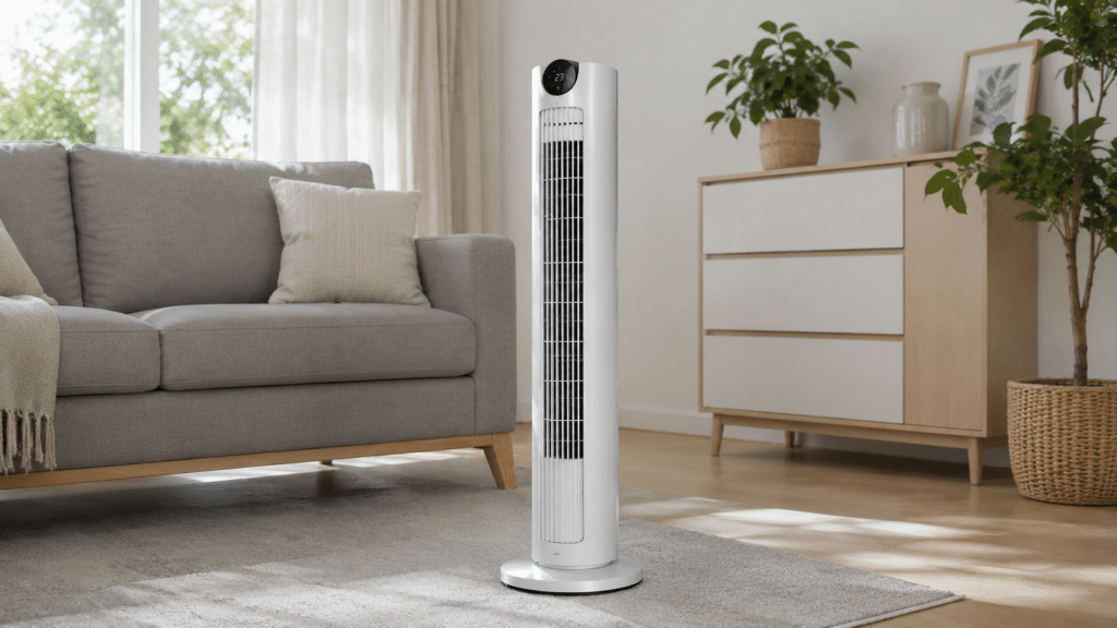 Ventilatore a torre silenzioso in soggiorno moderno per rinfrescare la casa durante l'estate