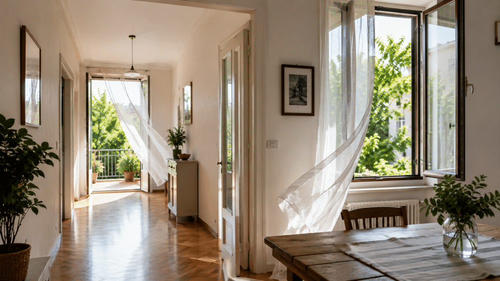Ventilazione incrociata in casa con finestra e porta balcone aperte per creare un flusso naturale d'aria